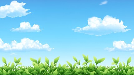 Bright Blue Sky With Fluffy White Clouds Over Lush Green Foliage