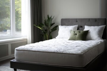 "Modern Bedroom with Large Window, Natural Light, Gray Headboard, and Minimalistic Design"