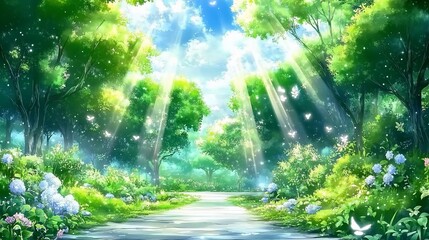Fototapeta premium Sunlit forest path, butterflies, nature, idyllic scene, game background
