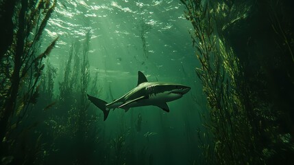 Fototapeta premium Majestic Shark Swimming Through Serene Underwater Kelp Forest