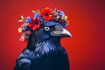 Cute baby animal crow wearing untamed flower crown on its head - symbol of sunny vacation time....