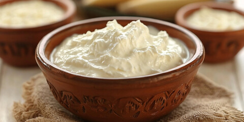 Fototapeta premium Close-up of creamy dahi served in rustic earthenware bowls.