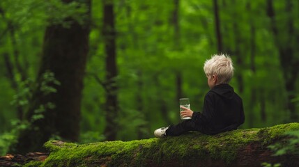 Fototapeta premium Boy Relaxing in Forest Drinking Water Nature Scene