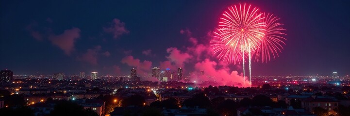 Brilliant fireworks illuminate majestic cityscape, dazzling light show over buildings, night, holiday