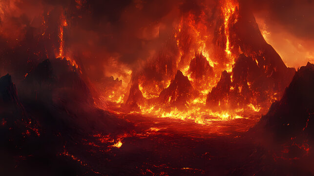 Hellfire consumes the damned in a cinematic depiction of eternal damnation. Infernal - Volcano. Illustration