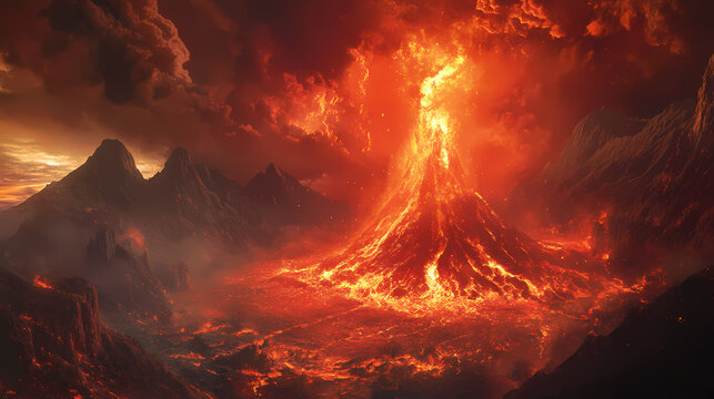 Hellfire consumes the damned in a cinematic depiction of eternal damnation. Infernal - Volcano. Illustration