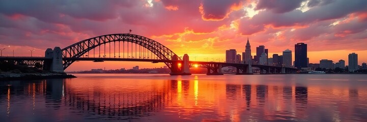 Obraz premium Coronado Bridge, San Diego sunset skyline Golden hour cityscape reflection , sunset, image