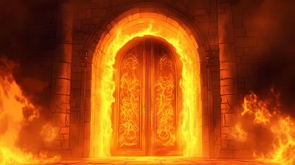 Fototapeta premium Infernal cathedral doors with an unholy glow and arcane inscriptions. Infernal - Volcano. Illustration