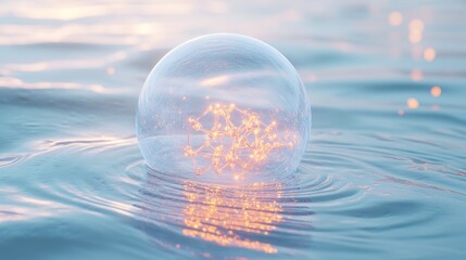 Floating transparent bubble on glowing light blue water ethereal aesthetic nature photography serene environment close-up viewpoint