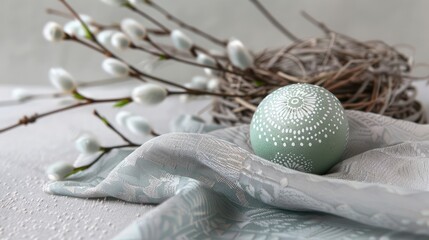 Easter eggs in a green color with a white pattern, a nest, and willow branches on the table, against a white background, in close-up.