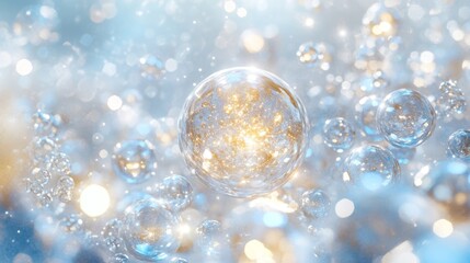 Fototapeta premium Illuminating transparent collagen bubbles in a serene lab ethereal artistry science environment enchanting golden glow