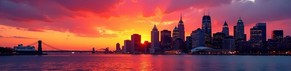 Fototapeta premium Boston's harbor & Financial District at sunrise, majestic skyline silhouettes , photo, east coast