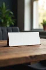 Clean, blank nameplate on rustic wood desk in modern office , image, photography