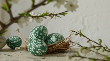Easter eggs in a green color with a white pattern, a nest, and willow branches on the table, against a white background, in close-up.