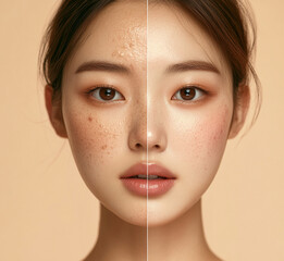 a korean woman's with natural and clean face with no make-up, face is divided into two parts, one side with blemishes and the other without any spots or imperfections, beige background. 