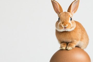 Fototapeta premium Adorable brown bunny rabbit sitting on a large speckled brown egg against a white background. Soft lighting enhances the bunny's fluffy fur