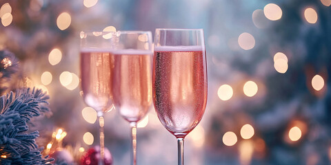 Three glasses of pink champagne in a festive setting.