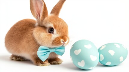 Fototapeta premium Adorable brown bunny wearing a light blue bow tie sits beside two pastel blue Easter eggs decorated with white hearts against a bright white