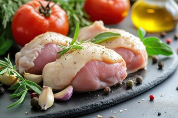Fresh Raw Chicken Breasts with Herbs and Spices on Slate Board