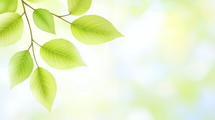 Bright Green Leaves on Branch Soft Light Blurred Background