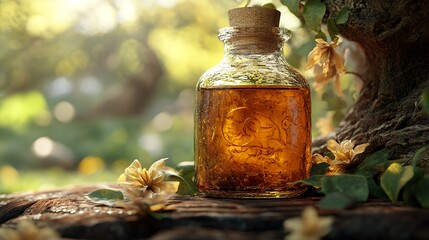 A detailed close up shot of a glass bottle of amber liquid