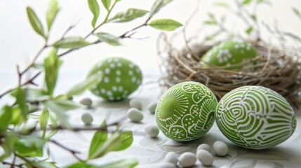 Easter eggs in a green color with a white pattern, a nest, and willow branches on the table, against a white background, in close-up.