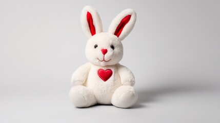 Obraz premium Adorable white plush bunny toy with red ears and heart, sitting against a light gray background. Soft, cuddly texture
