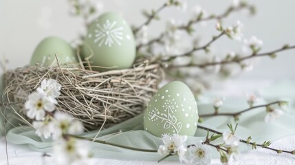 Easter eggs in a green color with a white pattern, a nest, and willow branches on the table, against a white background, in close-up.
