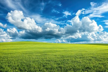 Fototapeta premium Vibrant green grass spans the landscape beneath dramatic clouds and a bright blue sky, creating a serene scene that inspires tranquility for nature lovers.