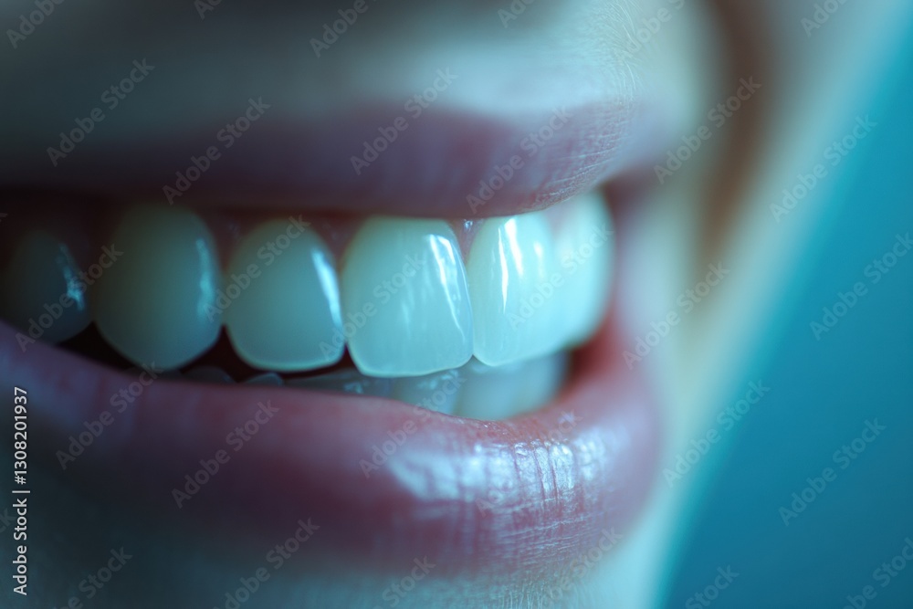 Poster smiling mouth with bright white teeth during a dental check up on a soft pastel blue background gene