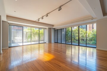 Obraz premium A spacious and modern interior with polished wooden flooring and large glass windows. Natural light fills the room, enhancing the tranquil atmosphere. Ideal for contemporary living or office space.