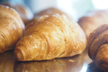 Freshly baked croissants on a display at a bakery in the morning