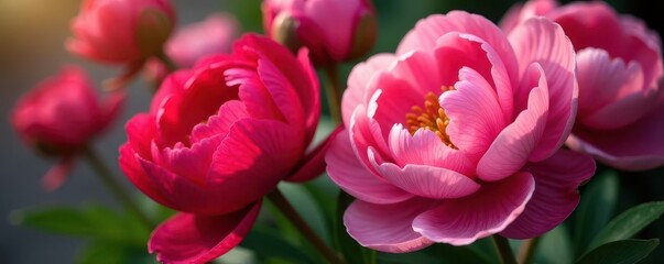 Obraz premium Bold red and soft pink peonies, close-up floral display, pink flower, botanical, flower backdrop