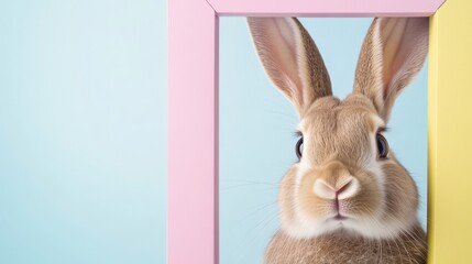 Obraz premium A curious brown rabbit peering through a pastel pink and yellow frame against a light blue background. Water droplets are visible on the glass