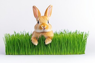 A cute brown bunny rabbit sits in a patch of vibrant green grass against a bright white background. The image is clean and simple, focusing on the