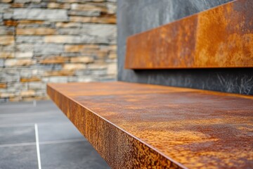 A uniquely designed rust-colored bench contrasts elegantly with a textured stone wall, blending modern and rustic elements for a stylish outdoor space.