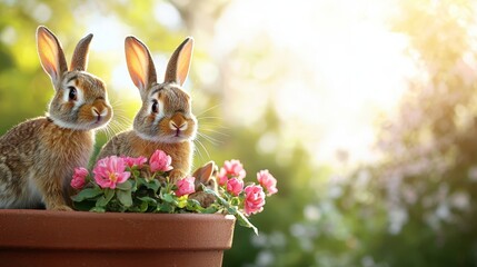 Cute rabbits with flowers in a pot in a bright outdoor setting