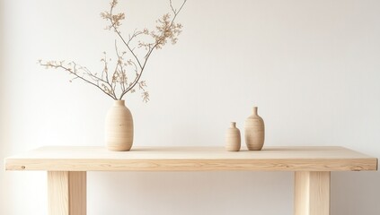 Natural wooden table with simple ceramic vases and dried branches. Minimalist, home decor, and neutral color palette.