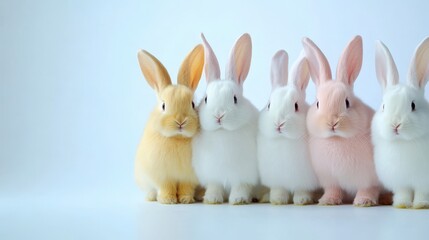 Obraz premium Five fluffy rabbits in pastel colors sit in a row against a bright white background. Their fur is soft and their expressions are calm