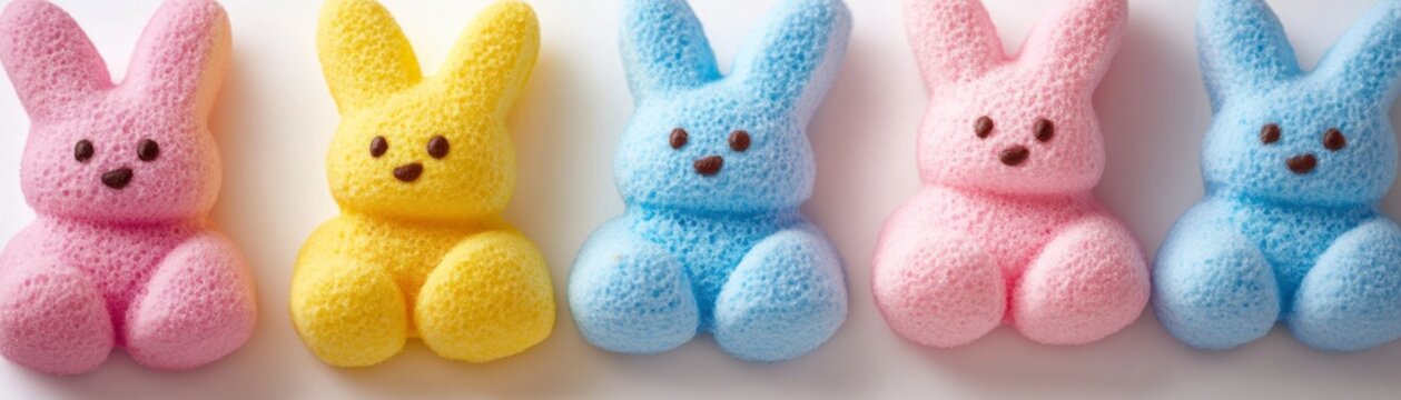 Five pastel colored bunny shaped marshmallow candies arranged in a row against a white background. The bunnies are pink, yellow, light blue, pink