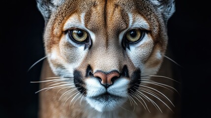 Obraz premium A majestic mountain lion's visage emerges in this close-up: golden-brown fur framing striking dark-brown eyes; a black nose contrasts with a delicately parted white mouth, revealing powerful teeth in 