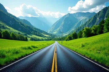 Fototapeta premium Endless asphalt ribbon unwinds through lush green valley, mountains in distance, curve, escape, quiet