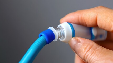 Hand Holding Toothpaste Tube with Nozzle and Blue Toothbrush Tip
