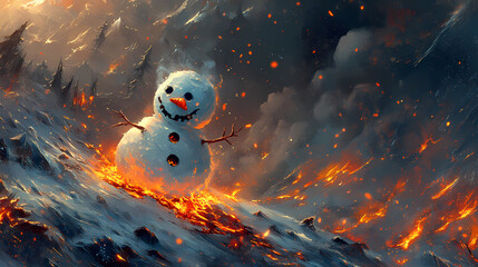 Frosty's fiery adventure: a snowman's infernal meltdown, ai generative. frostfire. illustration. Infernal - Volcano. Illustration