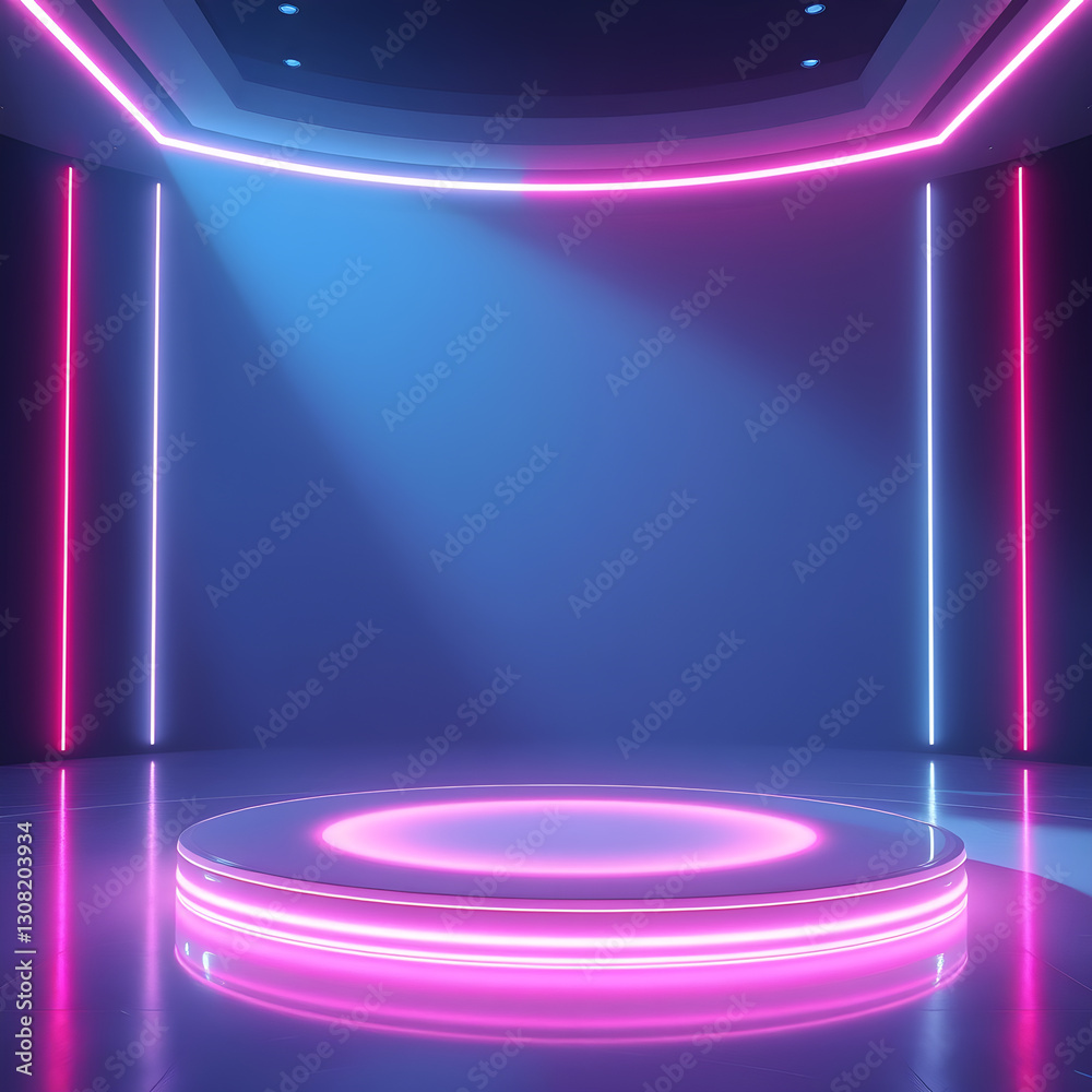 Fototapete a neon-lit circular platform with translucent panels and glowing text, creating a futuristic, high-t