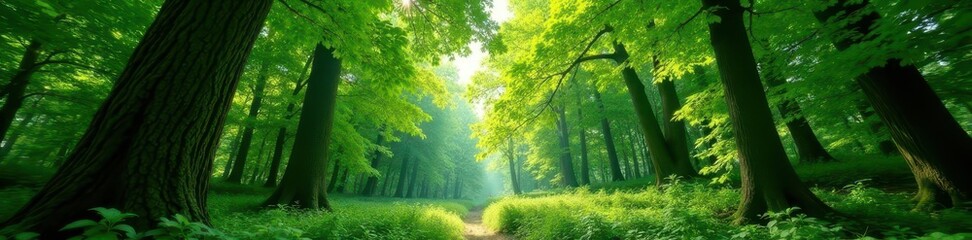 Obraz premium Lush green canopy in deep woods, sunlight dappled , illustration, dark