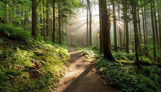 explore a tranquil forest path with gentle sunlight and mist that invites relaxation and reflection amidst tall trees and lush greenery