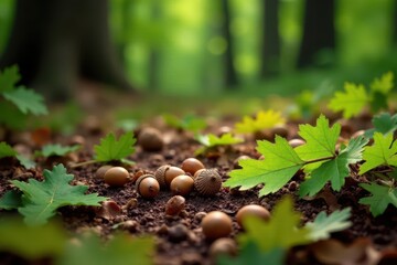 Scattered acorns and vibrant green oak leaves on forest floor, eco, texture
