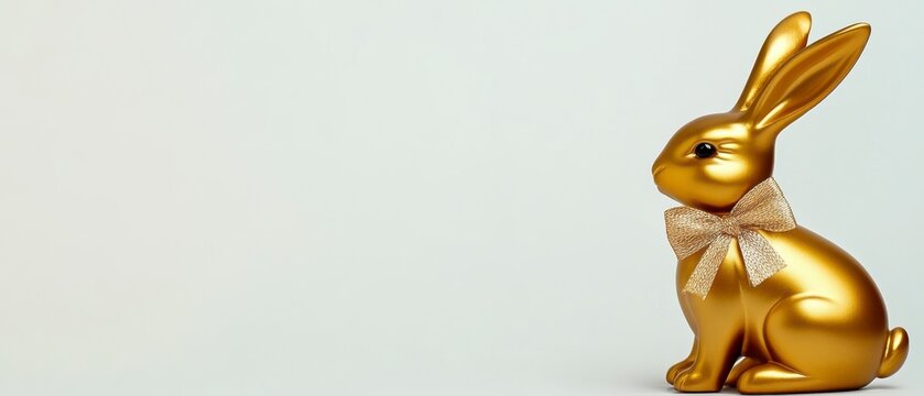 Gold rabbit figurine with a cream colored bow, sitting on a light gray background. The image is simple and elegant, with a minimalist aesthetic