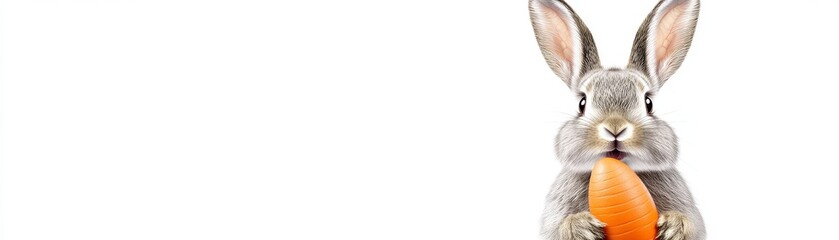 Fototapeta premium Grey rabbit holding a round orange object against a white background. The rabbit is shown from the chest up, with its ears pointed upwards. The image